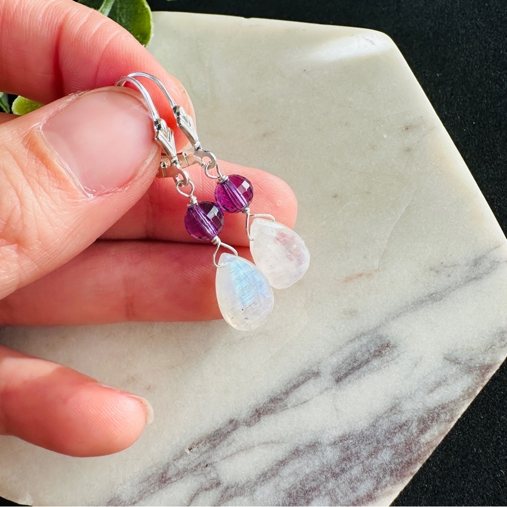 Moonstone and Amethyst Earrings Sterling Silver Lever Back Dangle
